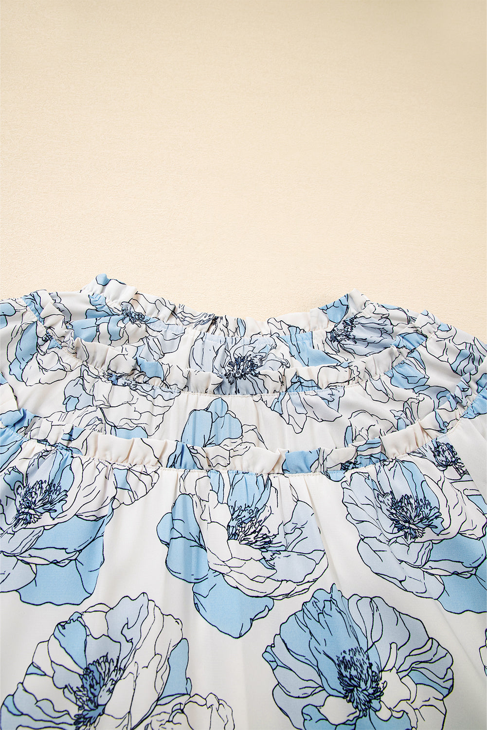 Sky Blue Floral Print Tie Neck Long Sleeve Flowy Mini Dress