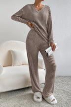 Women's Ribbed V-Neck Top and Pants Loungewear Set - Comfortable & Stylish