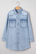 Beau Blue Chest Pocket Raw Hem Denim Loose Shirt Dress