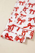 Festive Red Bow Print Long Sleeve 2-Piece Pajama Set for Christmas