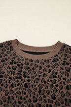 Brown Ribbed Trim Leopard Print Long Sleeve Top
