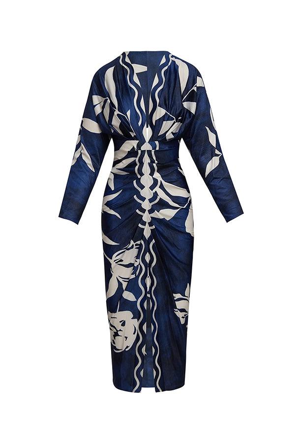 Unique Print Dolman Long Sleeve Ruched Slit Midi Dress for Women - Casual & Vacation Wear