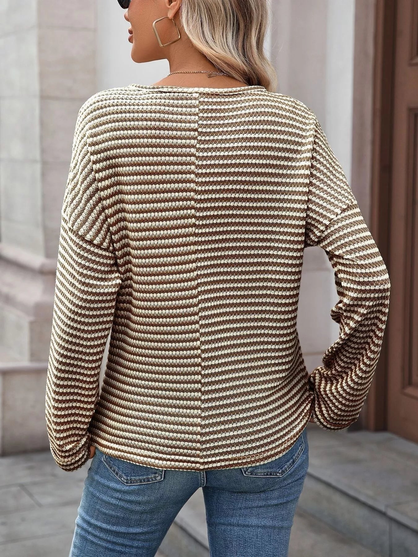Striped Notched Long Sleeve T-Shirt