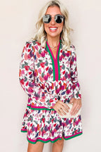 Purple Floral Print Contrast Striped Detail Long Sleeve Mini Dress