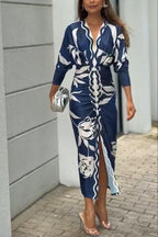 Unique Print Dolman Long Sleeve Ruched Slit Midi Dress for Women - Casual & Vacation Wear