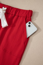 Fiery Red Contrast Trim Button V Neck Ribbon Bow Knot Waist 2pcs Lounge Pant Set