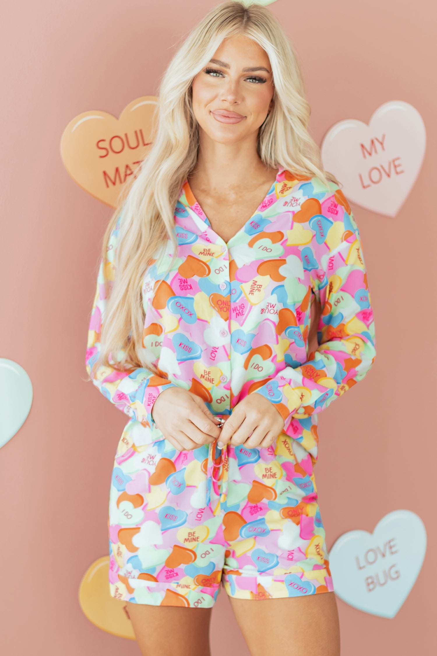 Pink Valentines Candy Heart V Neck Collared Tunic Shirt and Shorts 2pcs Pajama Set for Women