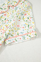 White Floral Print Contrast Pipping Short Pajamas Set
