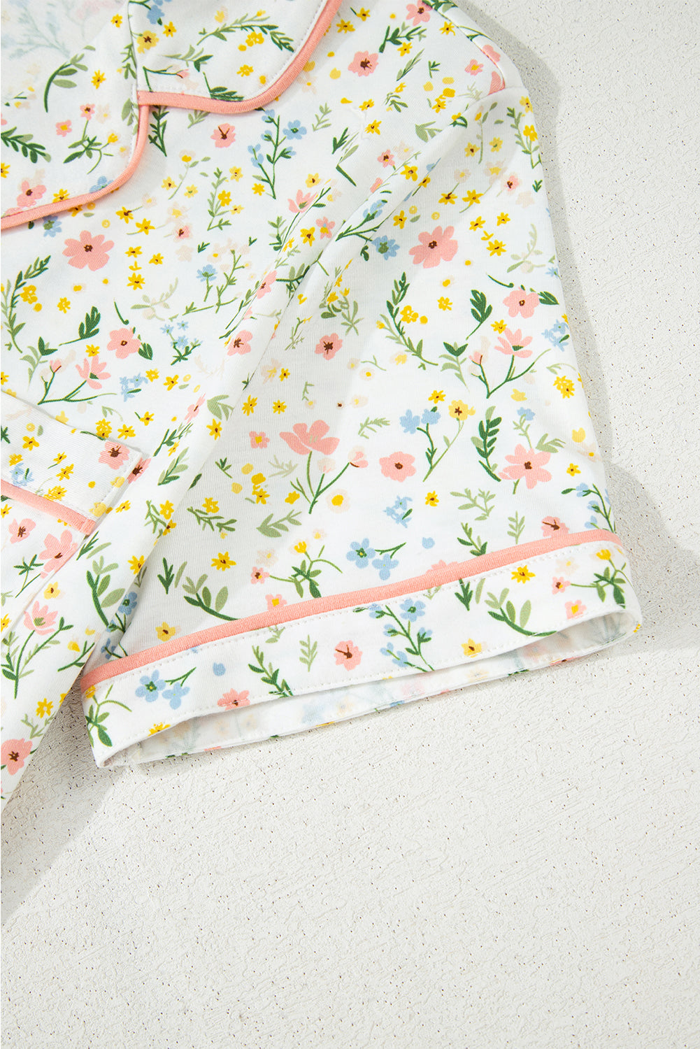 White Floral Print Contrast Pipping Short Pajamas Set