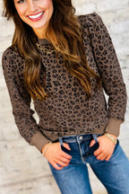 Brown Ribbed Trim Leopard Print Long Sleeve Top