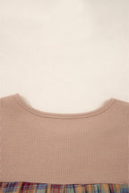 Straw Yellow Waffle Stripe Plaid Patchwork Henley Knit Top