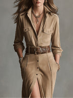 Women's Chic Brown Suede Midi Dress - Flattering Fit, V-Neck, Long Sleeves, Side Slits - Perfect for Fall/Winter Casual & Evening Wear