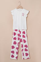 Women's Pink Ruffled Tank Top & Heart Print Pants Lounge Set - Comfortable & Stylish