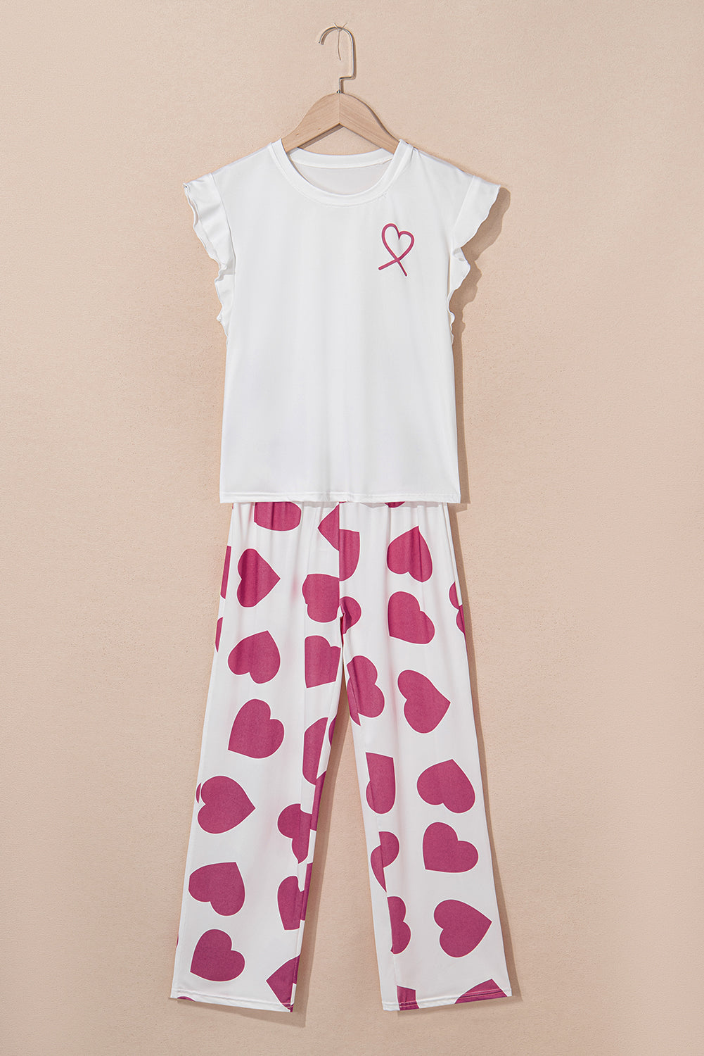 Women's Pink Ruffled Tank Top & Heart Print Pants Lounge Set - Comfortable & Stylish