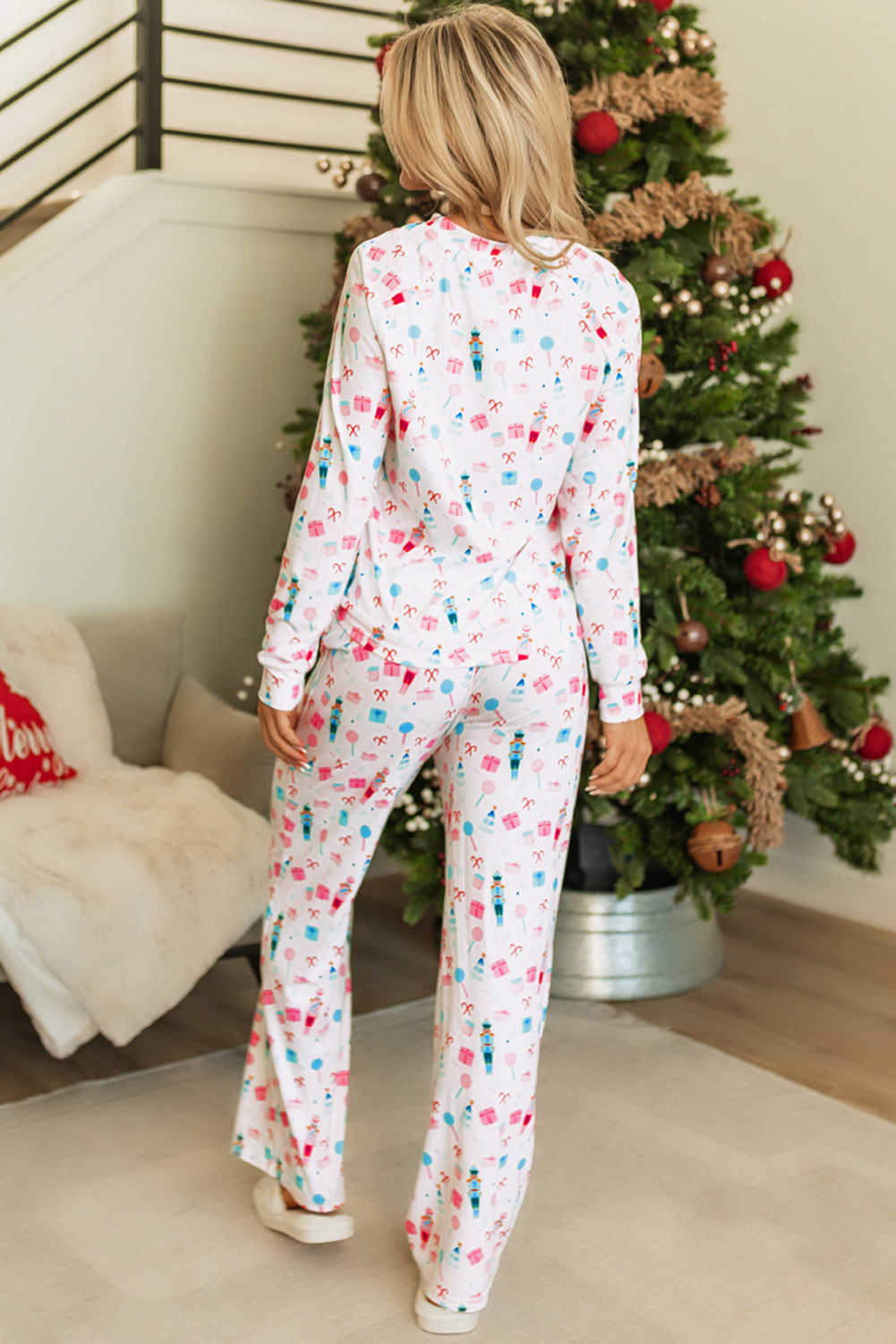 Festive White Christmas Pattern Long Sleeve Top and Wide Leg Pants Loungewear Set for Women