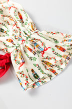 Festive Beige Nutcracker Print Silky 2-Piece Pajama Set with Contrast Trim and Tied Bow