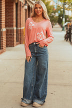 Fresh Salmon Floral Patchwork V Neck Long Sleeve T Shirt