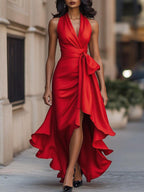 Midnight Elegance Satin Halter Ruffle Gown