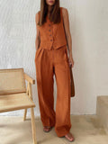 Women's Elegant V-Neck Pleated Cotton and Linen Wide-Leg Pants Suit - Sleeveless, Breathable, Casual Chic Set