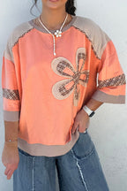 Grapefruit Orange Plaid Waffle Flower Patchwork Bracelet Sleeve Top