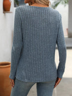 Ribbed Knit Long Sleeve Button Detail T-Shirt