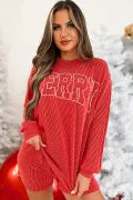 Racing Red "MERRY" Graphic Long Sleeve Top and Shorts Set with Corded Detailing - Casual & Festive Loungewear