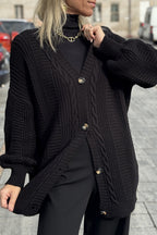 Black Cable Knit Button V Neck Oversize Sweater Cardigan
