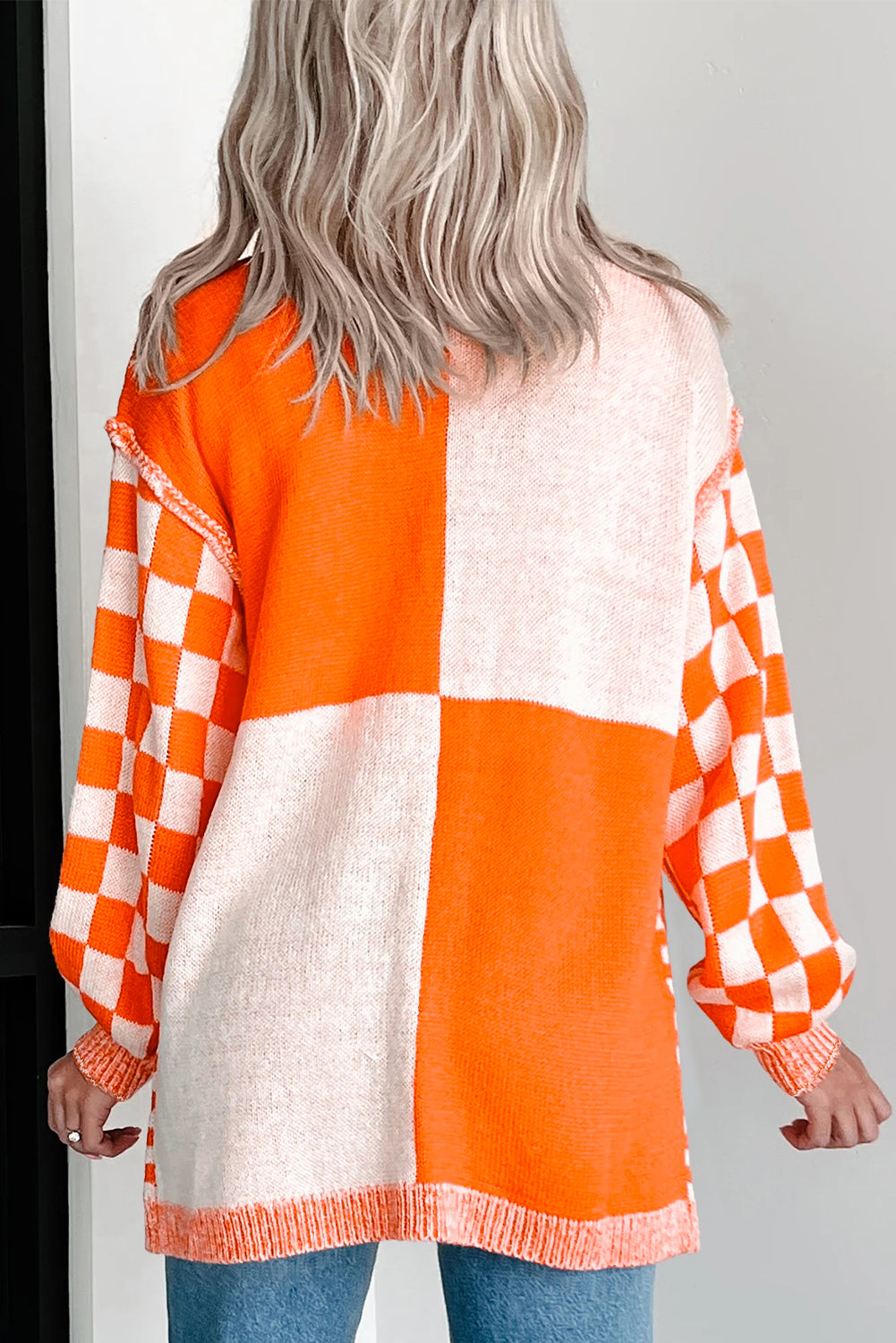 Orange Checkered Open Front Drop Shoulder Cardigan