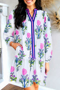 White Floral Print Contrast Striped Trim Notched Neck Long Sleeve Dress