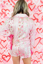 Pink Mixed Floral Print Contrast Piping Trim Satin Tie 2pcs Pajama Set