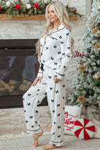 Elegant White Bows Print Two-Piece Sleepwear Set - Long Sleeve Collar Top & High Waist Pants