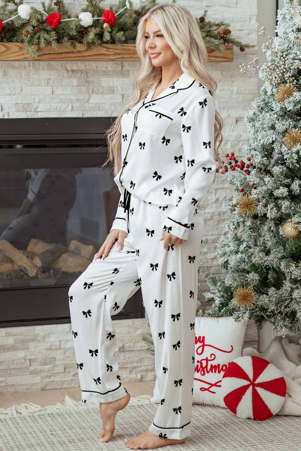 Elegant White Bows Print Two-Piece Sleepwear Set - Long Sleeve Collar Top & High Waist Pants