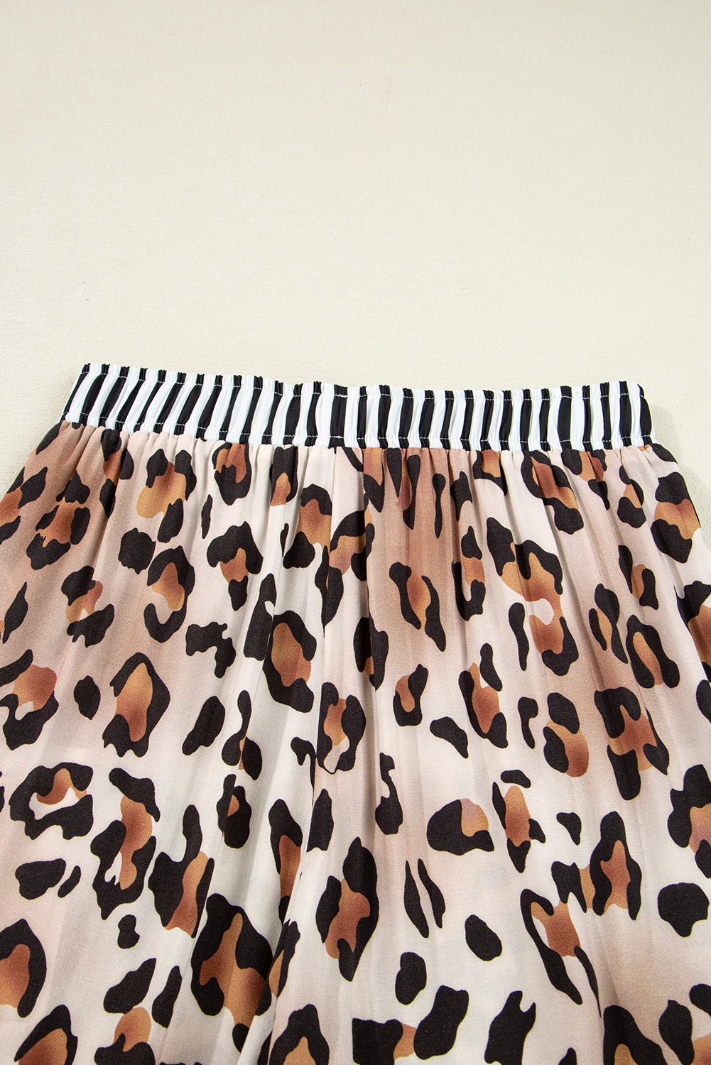 Khaki Leopard Print Colorblock Striped Edge Shirt and Pants Pajama Set