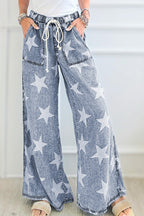 Light Blue Star Print Light Wash Drawstring Elastic Waistband Wide Leg Jeans