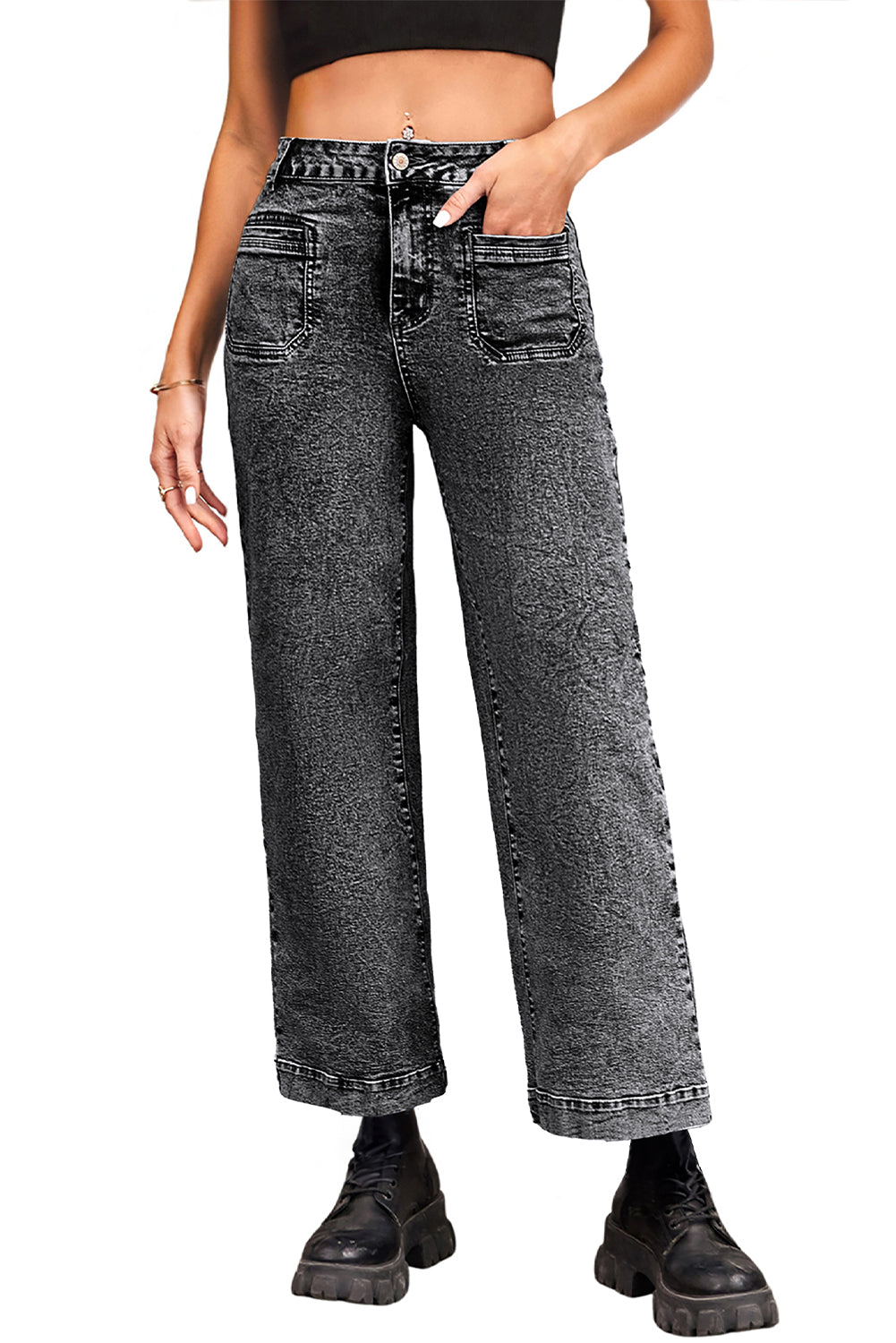 Black Chic Patch Pocket Straight Leg Loose Jeans