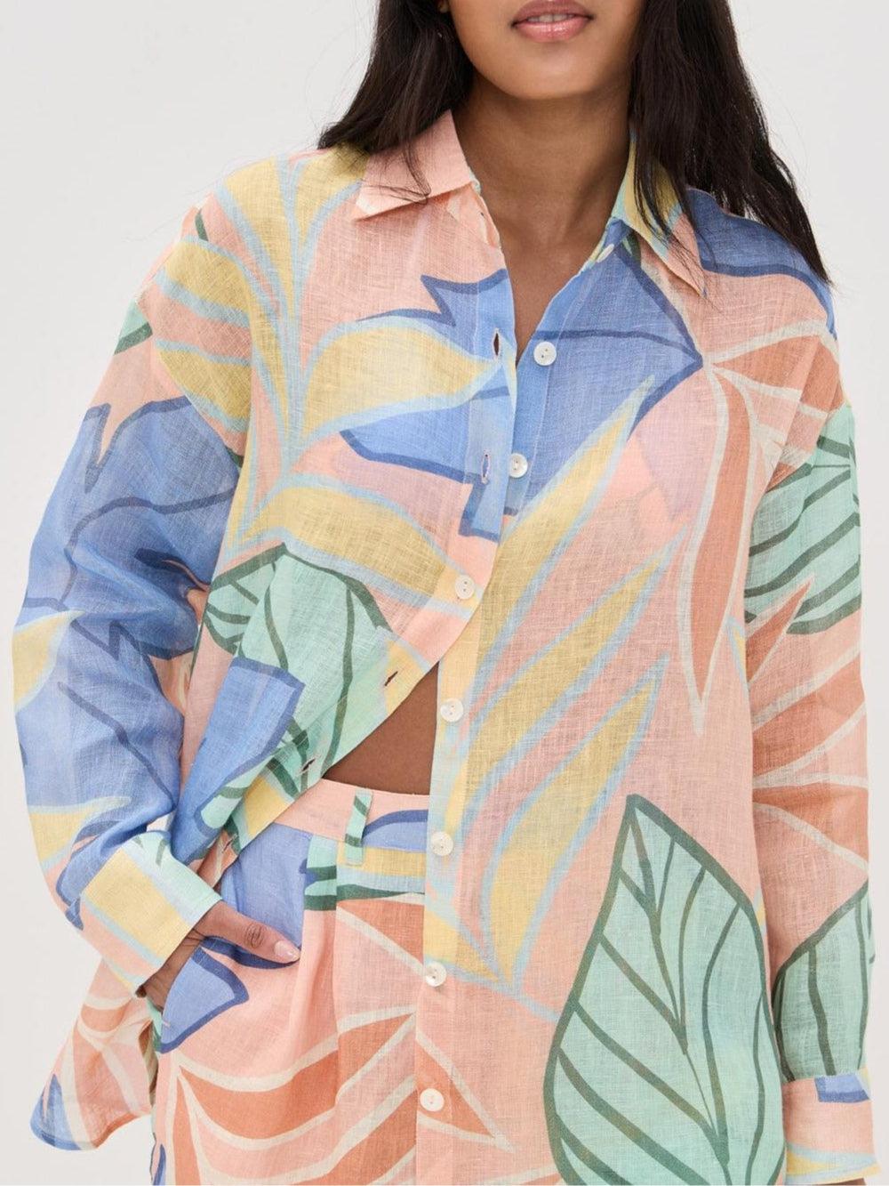 Playa Boyfriend Tropical Leaf Print Linen Blend Short Set for Summer Beachwear