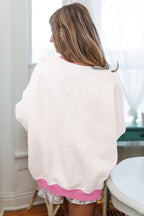 Strawberry Pink Color Block Pullover and Lace-up Elastic Waist Shorts Set