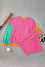 Rose Red 2pcs Color Block Pullover Loose Pant Set