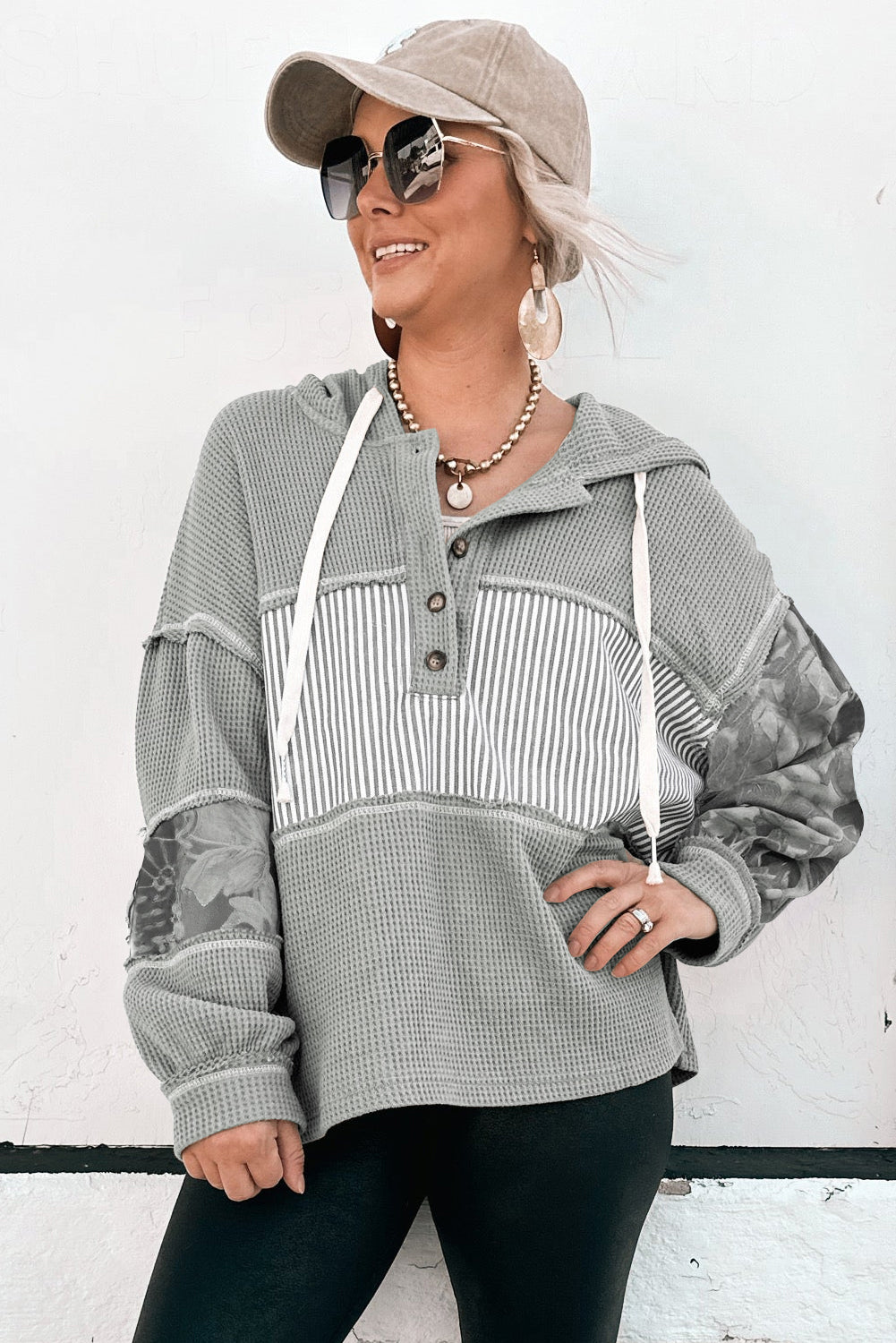 Gray Waffle Printed Patchwork Drawstring Hooded Long Sleeve Top