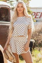 Brown Checkerboard T Shirt and High Waist Skorts 2 Piece Outfit