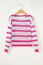 Green Stripe Round Neck Casual Sweater