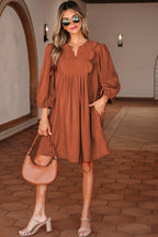 Cinnamon Bracelet Sleeve Split Neck Scallop Detail Pleated Corduroy Mini Dress