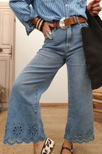 Dusk Blue Embroidered Cropped Wide Leg High Waist Jeans