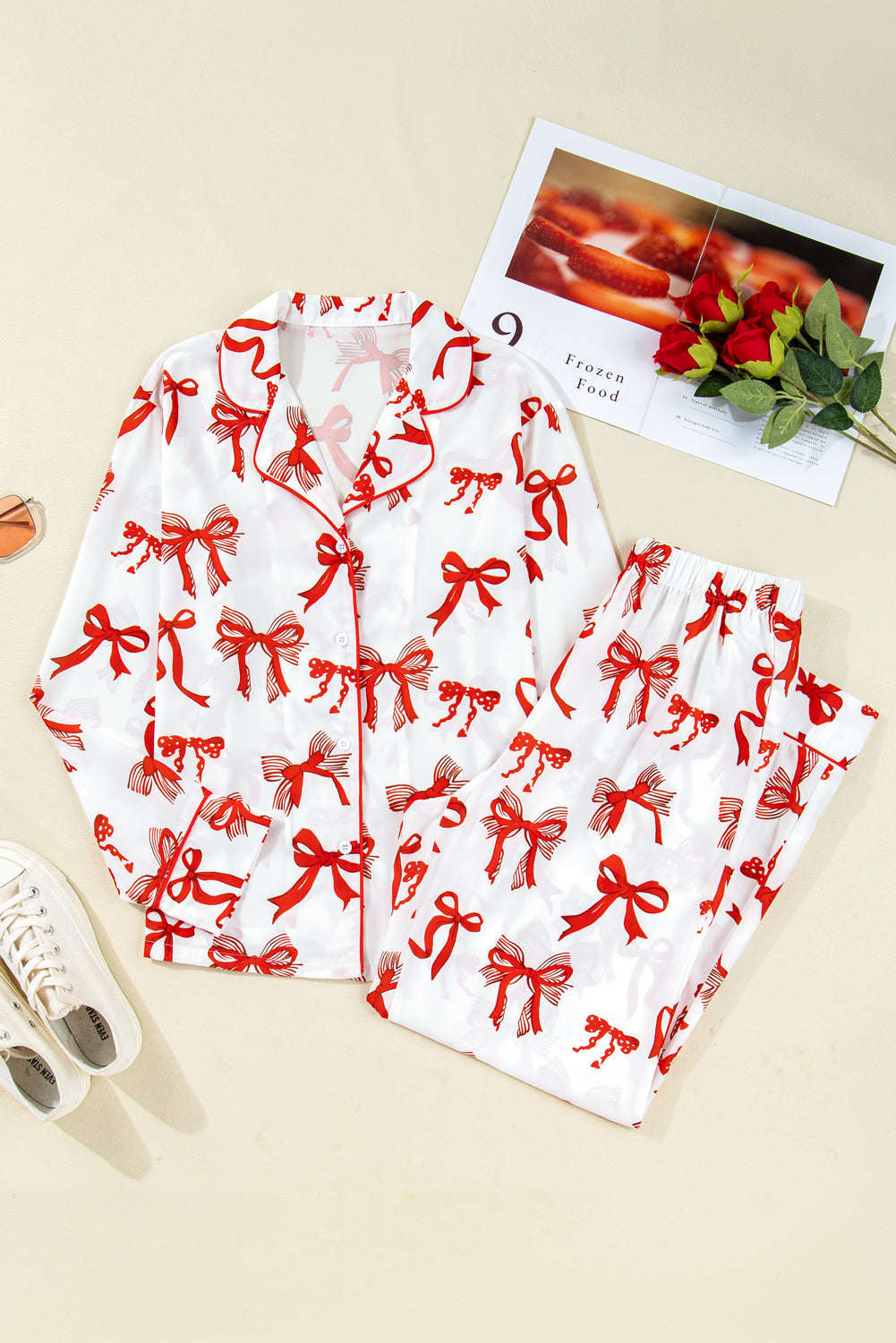 Festive Red Bow Print Long Sleeve 2-Piece Pajama Set for Christmas