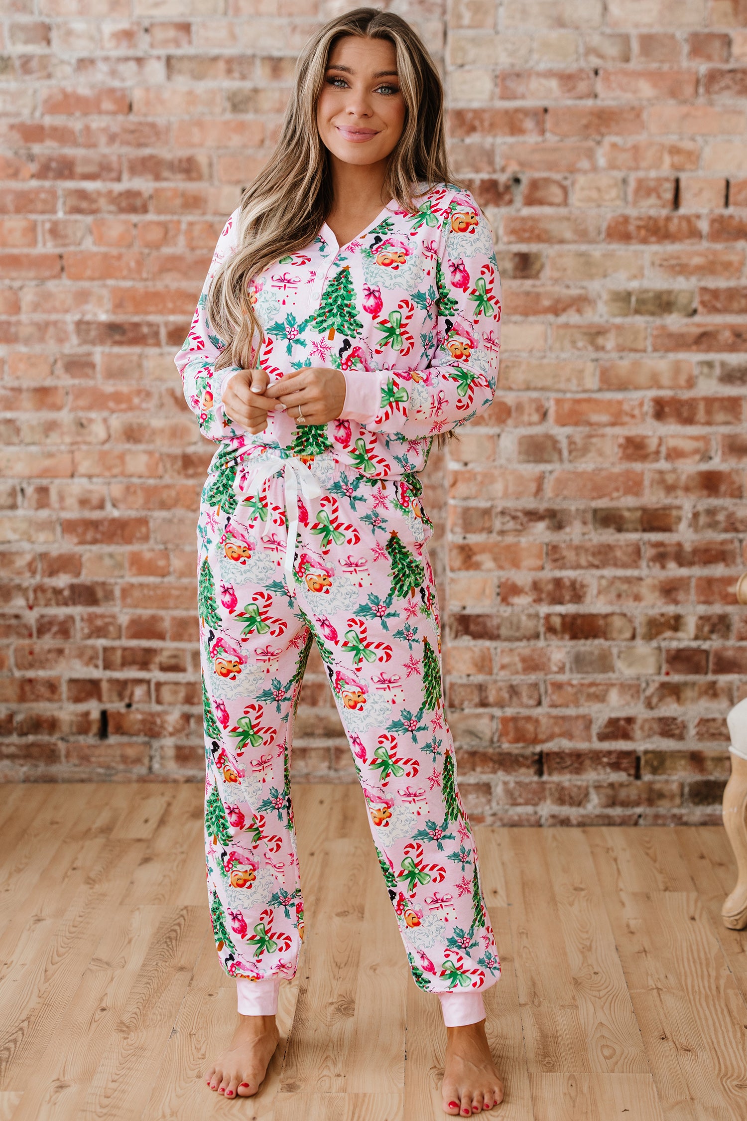 Festive Pink Christmas Pattern V-Neck Pullover & Drawstring Pants 2-Piece Lounge Set