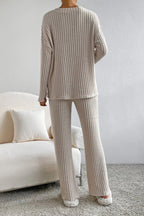 Women's Ribbed V-Neck Top and Pants Loungewear Set - Comfortable & Stylish