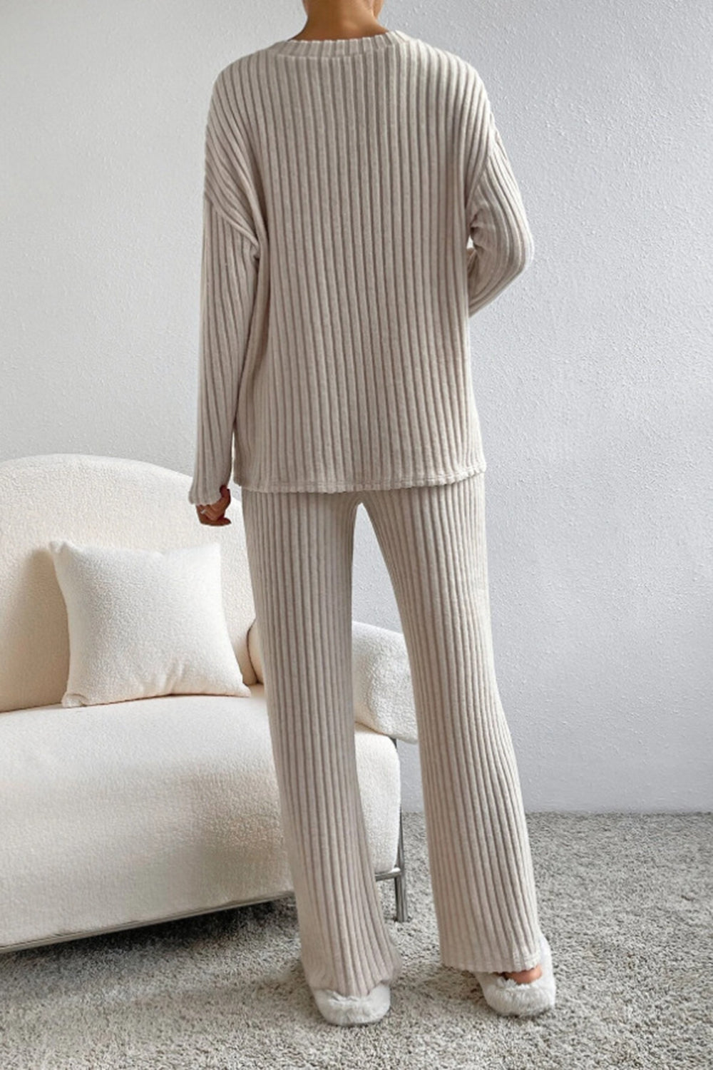 Women's Ribbed V-Neck Top and Pants Loungewear Set - Comfortable & Stylish