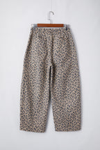 Khaki Leopard Printed Drawstring Elastic Waistband Pocketed Wide Leg Jeans