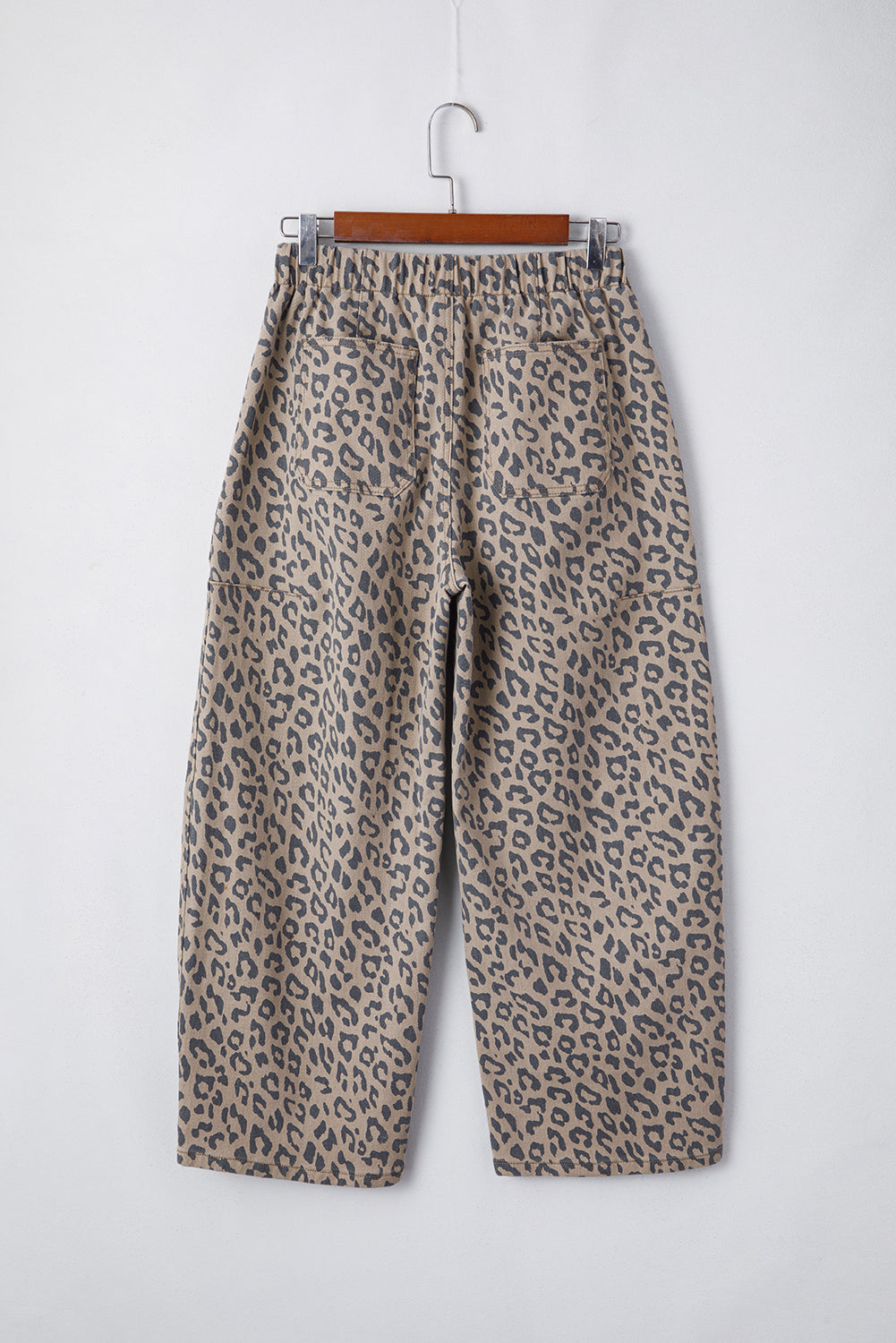 Khaki Leopard Printed Drawstring Elastic Waistband Pocketed Wide Leg Jeans