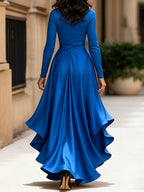 Midnight Blue Draped Satin Maxi Dress With Ruffle Details